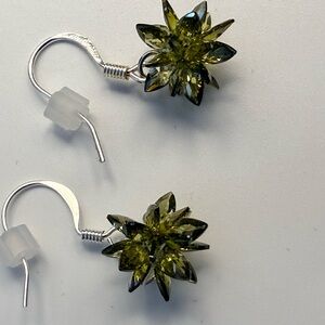 Handmade Spiky Crystal Flower Earrings | Olive Green | Silver Tone